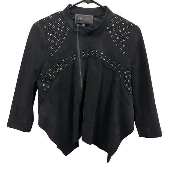 BCBGMaxAzria Black Faux Suede Asymmetrical Cropped Eyelet Studded Zip Jacket S - Picture 6 of 12